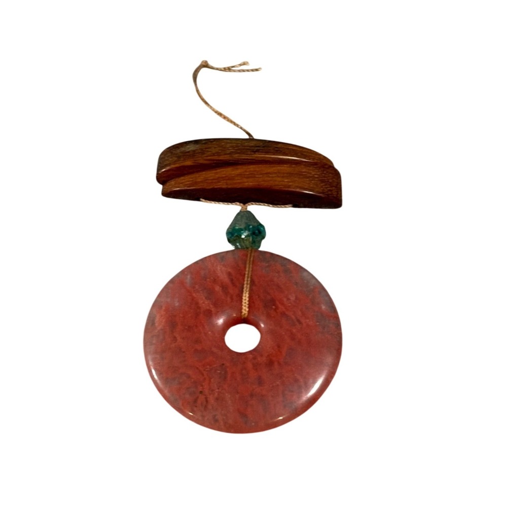 Cherry Quartz, Green Stone, Wood Pendant Natural Earthy Boho Tribal Artisan